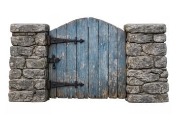 Blue distressed wooden garden gate with antique iron hinges set in rustic stone pillars on transparent background