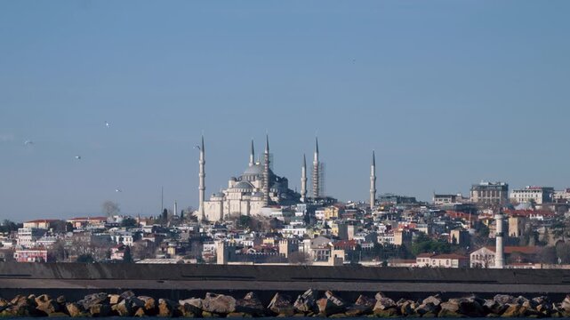View of Topkapi Palace, Suleymaniye Mosque and Emin&ouml;n&uuml; from the sea in Istanbul.