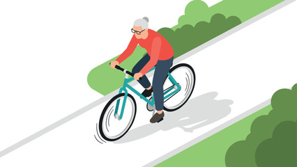 Fototapeta premium Elderly woman cycling on pathway through nature in isometric style