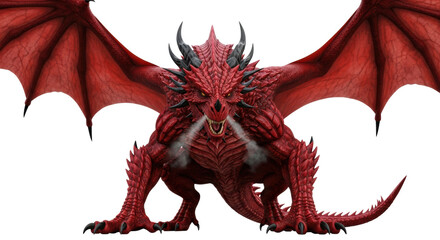 a colossal crimson fantasy dragon with huge veined wings, jagged horns, and malevolent golden eyes, crouching in an aggressive stance on an infinite white background, concept of ancient ferocity