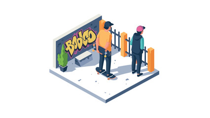 Urban youth culture: isometric skateboarding scene with graffiti in modern cityscape