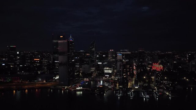 Perth City by Night, Western Australia &ndash; 4K Aerial Drone Footage of Swan River, Illuminated Landmarks and Urban Night Skylines