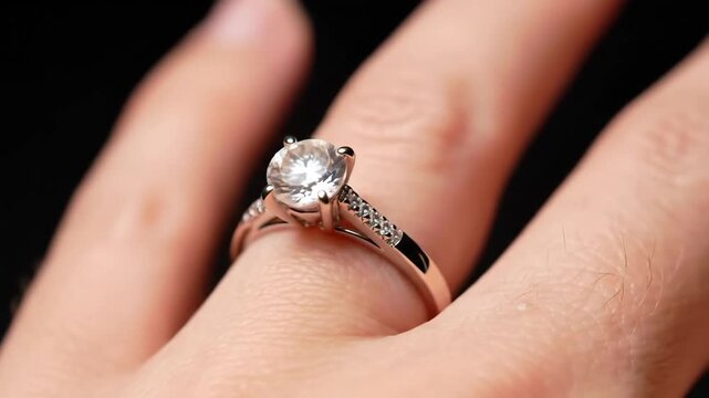 Close up of a sparkling diamond solitaire engagement ring worn on a finger, symbolizing marriage and commitment.