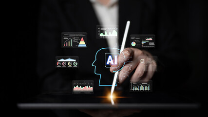 AI powered business intelligence for advanced data analysis. A concept of a smart system using AI to interpret and visualize company metrics. Motif