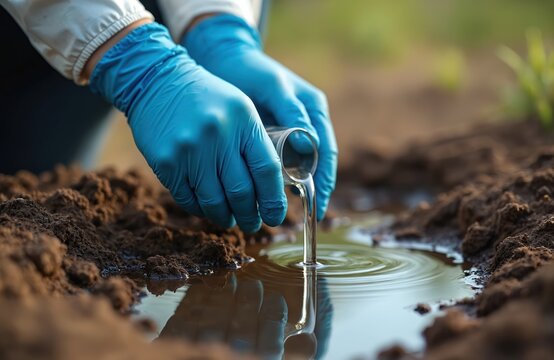 Scientist in blue gloves pours water from test tube onto rich dark soil. Person examines ground liquid for pollution, checks environmental health, studies nature research.