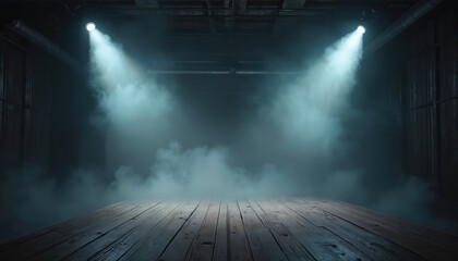 Two bright spotlights shine through thick haze in an empty industrial room. Wooden floorboards fill foreground creating moody stage atmosphere for performance.