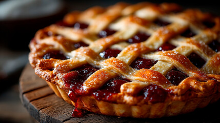 A freshly baked berry pie featuring a golden, sugar-dusted lattice crust and a rich, bubbling dark fruit filling.