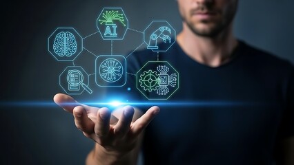 Man Holding Futuristic AI Technology Network Interface Above Hand.