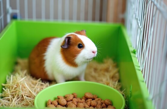 Brown and white guinea pig sits in green plastic cage with bedding. Small rodent rests near bowl of dry food pellets, domestic pet care, animal habitat.