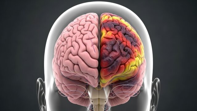 Human brain anatomy, medical concept illustrating traumatic injury, cerebral damage, neurological disorder, disease pathology, healthcare science, anatomical model, 