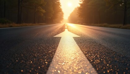 Fototapeta premium A lone arrow painted on an empty asphalt road points forward toward a bright sunset. Trees line both sides of the straight highway vanishing into the horizon, suggesting forward momentum.