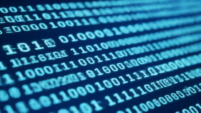 Scrolling stream of blue binary code and alphanumeric characters on a dark computer screen, illustrating data flow.