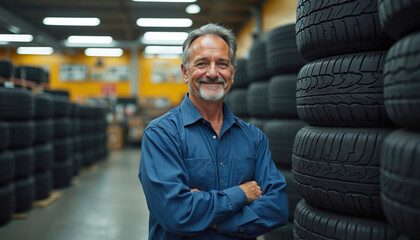 Man tire salesman stands arms crossed in warehouse full of tires. He smiles confidently ready to help customers choose auto parts for their vehicles.