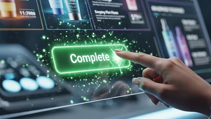 Woman hand tapping add to cart button on futuristic e-commerce screen completes purchase with glowing green success animation. - Powered by Adobe