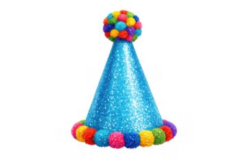 Blue glitter party hat celebrating birthday, decorated with colorful pom poms, creating a festive accessory