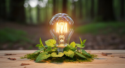 Glowing Light Bulb Surrounded by Green Leaves on Wooden Surface in Nature.