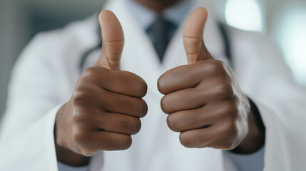 Close-up of doctor&rsquo;s hands showing an OK gesture. Medical concept of approval, success, positive diagnosis, healthcare professionalism, trust, confidence, and patient reassurance.