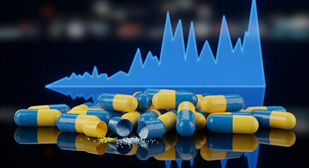 Pills and a graph showing an increase in sales of medicines.