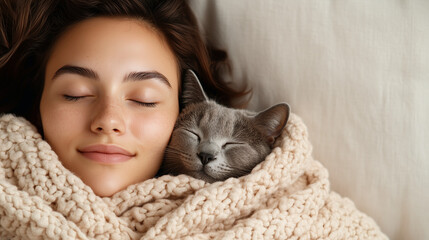 Cozy close-up of a person sleeping with a cat under a chunky knitted blanket. Soft light, calm atmosphere, home comfort, warmth, hygge lifestyle, relaxation, pet companionship.
