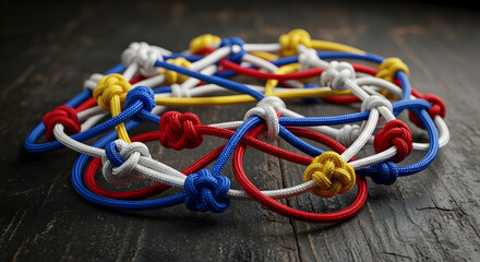 Colorful tangled ropes with knots on a rustic wooden surface.