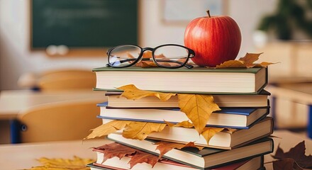 A stack of books with fallen leaves, glasses and a ripe apple, representing wisdom, knowledge, and appreciation for educators. Classroom setting.