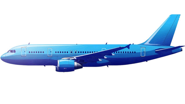 Vector illustration of a modern blue passenger airplane flying, side view, on transparent background