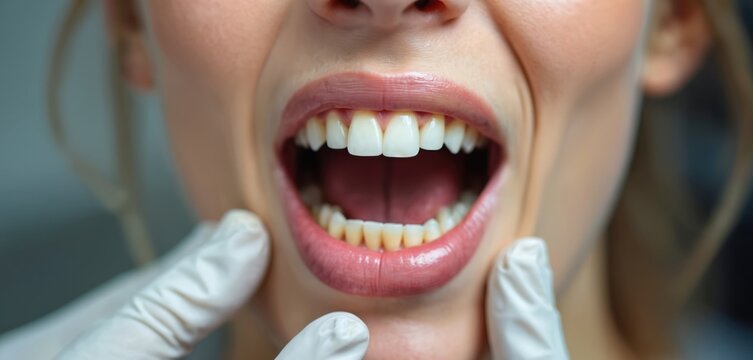 Closeup of woman opening mouth to show teeth and gums, dentist exam with gloved hand. Oral health checkup focusing on dental alignment and TMJ issues. Medical care.