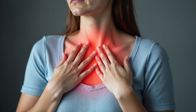Woman feels pain and discomfort in chest area. Glowing red skin indicates burning sensation, possibly acid reflux or heartburn. She holds her chest with hands in distress.