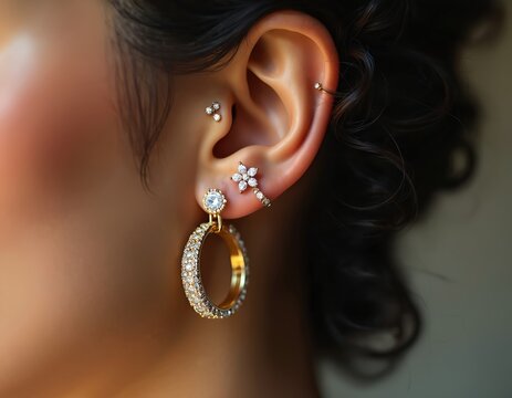 Close-up of ear with multiple gold and diamond piercings. Woman shows elegant jewelry, diverse ear adornments, detailed shine, and sparkle. Trendy, modern fashion accessory, luxury beauty.