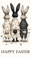 Cute Easter card illustration with three dressed rabbits and flowers on neutral background cozy mood