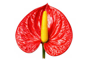 Red anthurium flower with yellow spadix on transparent background, tropical plant blooming, exotic flora
