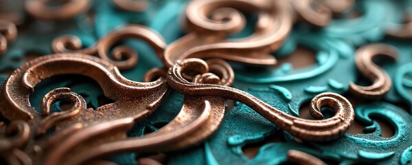 Intricate metalwork features embossed copper swirls on turquoise base. Organic abstract pattern, detailed texture, close up view. Suitable for backgrounds, crafts, and decorative designs.