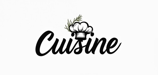 Cursive word Cuisine with chef hat and herb sprig above. Black and white logo design element. Suitable for restaurant, cafe, or culinary school branding.