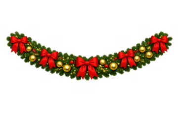 Christmas garland decorating with red bows, golden ornaments, and festive lights, creating a holiday border on transparent background