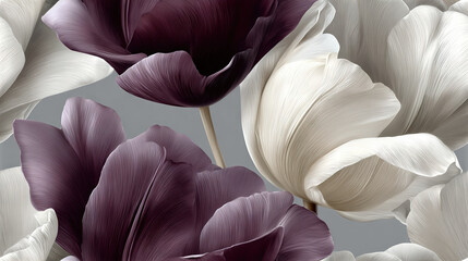 Close-up of vibrant white and purple tulips with detailed petals