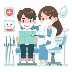 Obraz premium Dentist examining patient holding tools wearing masks in a dental setting