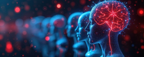 Glowing human heads line up with bright red artificial brain networks. Digital minds and neural connections glow with blue and red light. Future AI and cognition concept.
