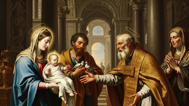 The Lord's Presentation, a holy offering. Divine child brought to the sacred temple. Simeon blesses, foretells eternal redemption. Spiritual journey, ancient faith, purity.