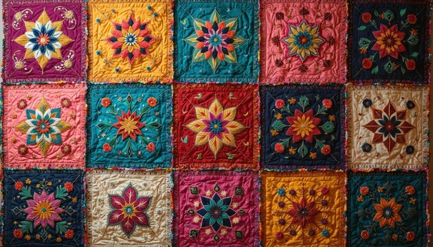 Colorful patchwork quilt shows detailed floral motifs. Each square features unique embroidery and vibrant fabric textures. This textile art adds warmth and handcrafted beauty to any home decor style.