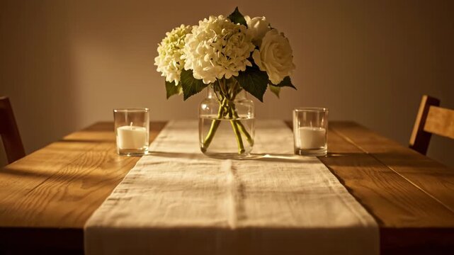 An empty wooden dining table transforms into an elegant setting. White flowers and candles create a warm, inviting atmosphere.