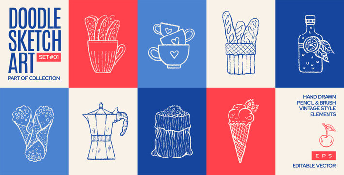 Coffee and breakfast poster. Italian brunch hand drawn illustration. Doodle cafe poster set with coffeemaker, ice cream, bread, coffee cup, wine bottle, cannoli background. Vintage Italian food bg