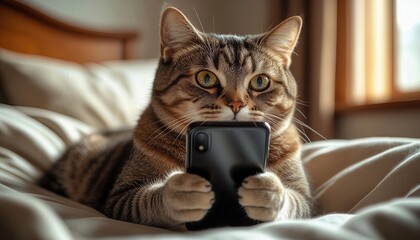 Cat looks at smartphone while sitting on bed in bright room during daytime