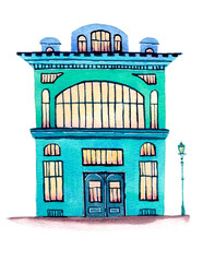 Obraz premium Hand painted watercolor illustration of a whimsical colorful house. Cozy urban building with cute details, drawn in a naive and charming style. 