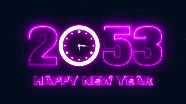 Futuristic Happy New Year 2053 neon sign with clock striking midnight