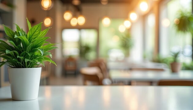 Green potted plant rests on a white table. Blurred cafe interior with warm lights and soft focus background offers serene ambiance. Modern minimalist decor.