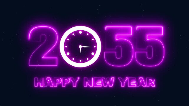 Happy New Year 2055 neon sign with clock striking midnight