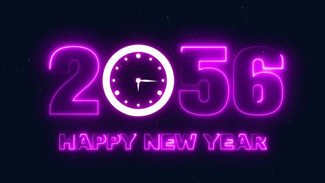 Futuristic Happy New Year 2056 neon sign with clock striking midnight