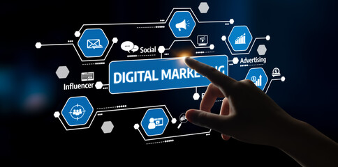 A close-up of a hand interacting with icons representing digital marketing concepts on a transparent touchscreen, showcasing the fusion of technology and modern advertising strategies. Tessel