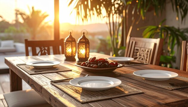 Ramadan Iftar table setting with dates and illuminated lanterns