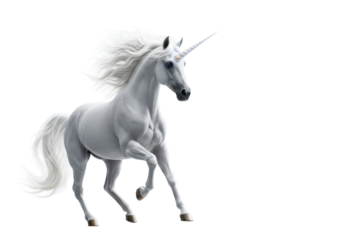 a luminous snow-white unicorn mid-gallop with a glowing iridescent horn and flowing pearlescent mane, isolated in a high-key studio with reflective floor, commercial magical concept